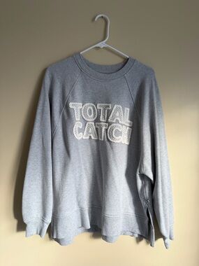 aerie Light Gray Pullover Sweatshirt with Chenille Detail